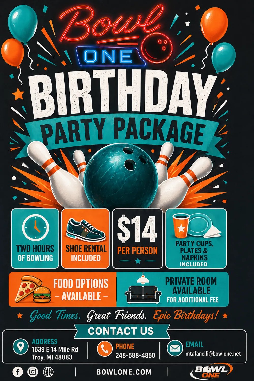 BOWL ONE LANES birthday party package flyer: $14 per person, two hours of bowling, shoe rental included