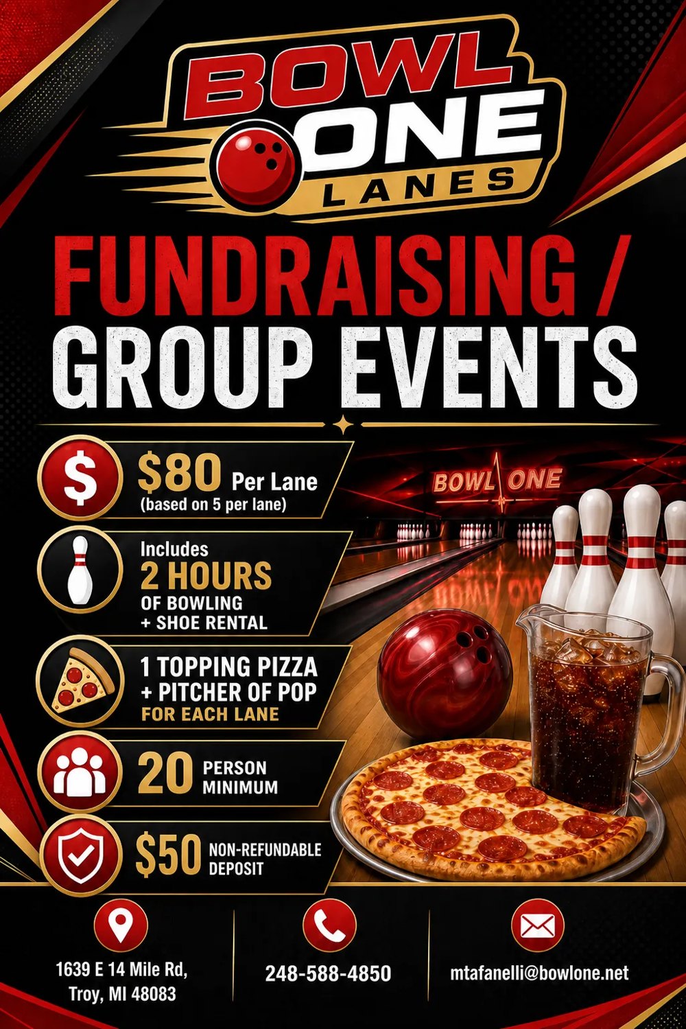 BOWL ONE LANES fundraising and group events flyer: $80 per lane based on five per lane